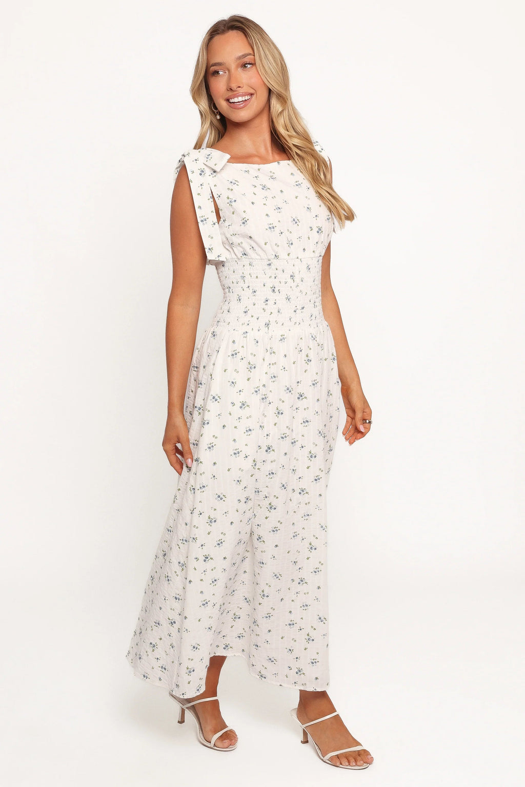 Tie-Strap Boat-Neck Floral A-Line Midi Dress