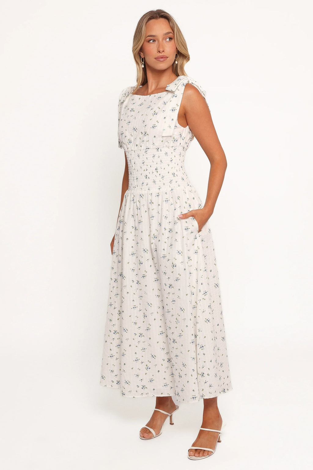 Tie-Strap Boat-Neck Floral A-Line Midi Dress
