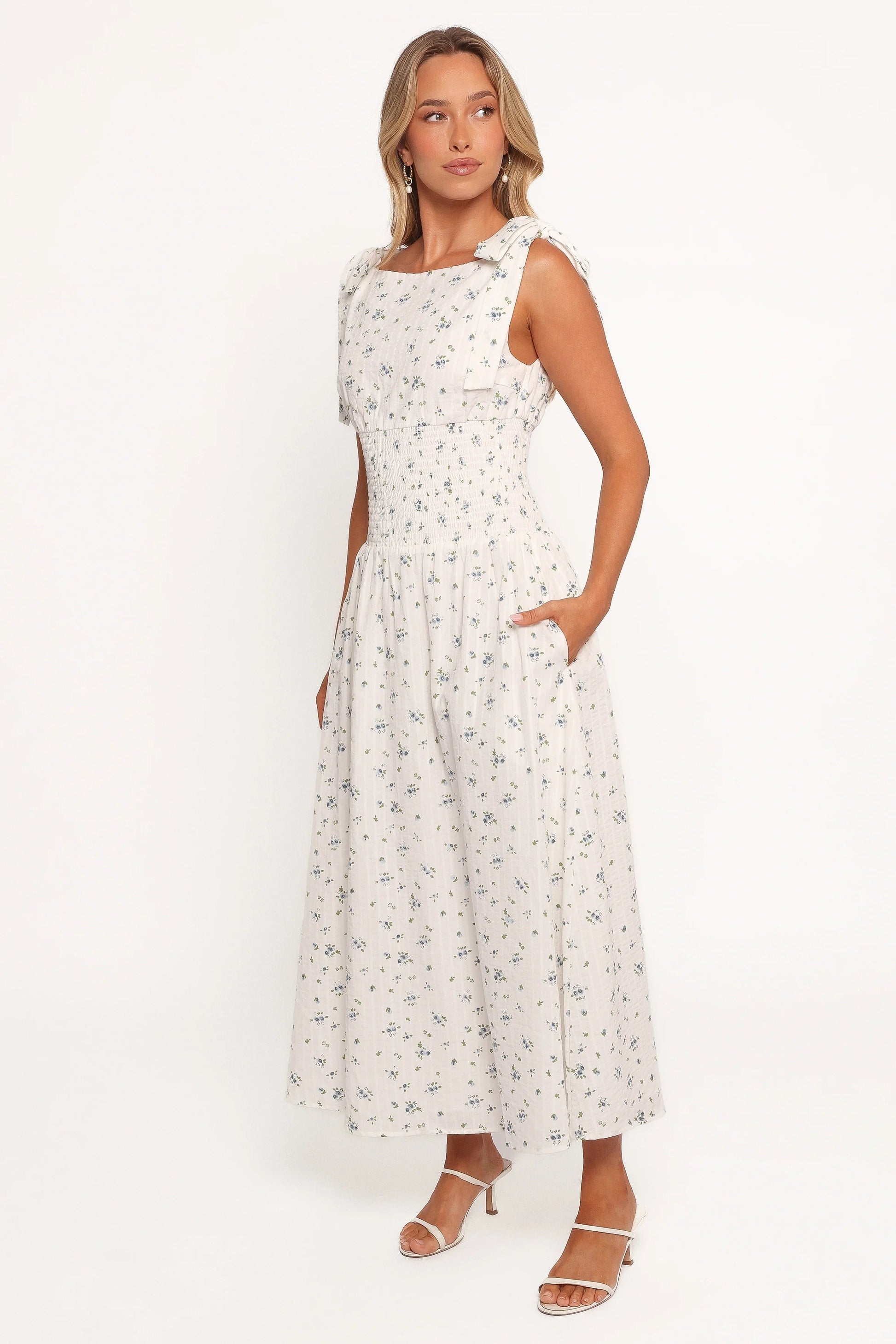 Tie-Strap Boat-Neck Floral A-Line Midi Dress