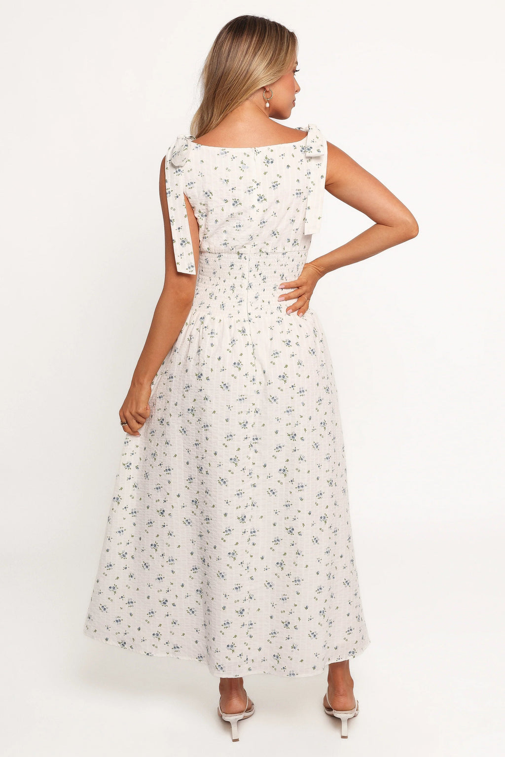 Tie-Strap Boat-Neck Floral A-Line Midi Dress