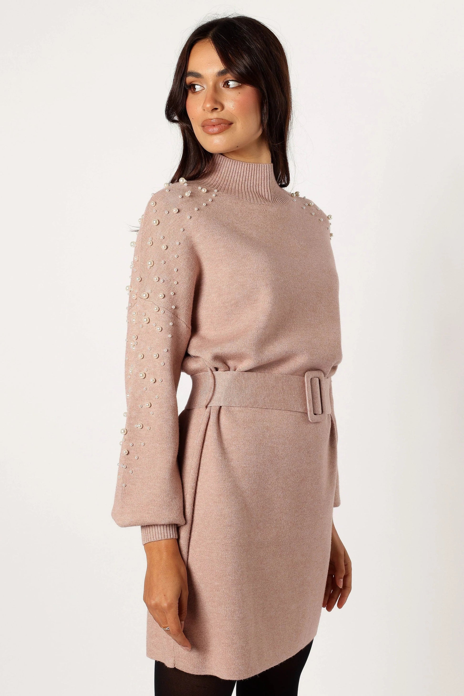 Turtleneck Pearl-Belt Knit Mini Dress