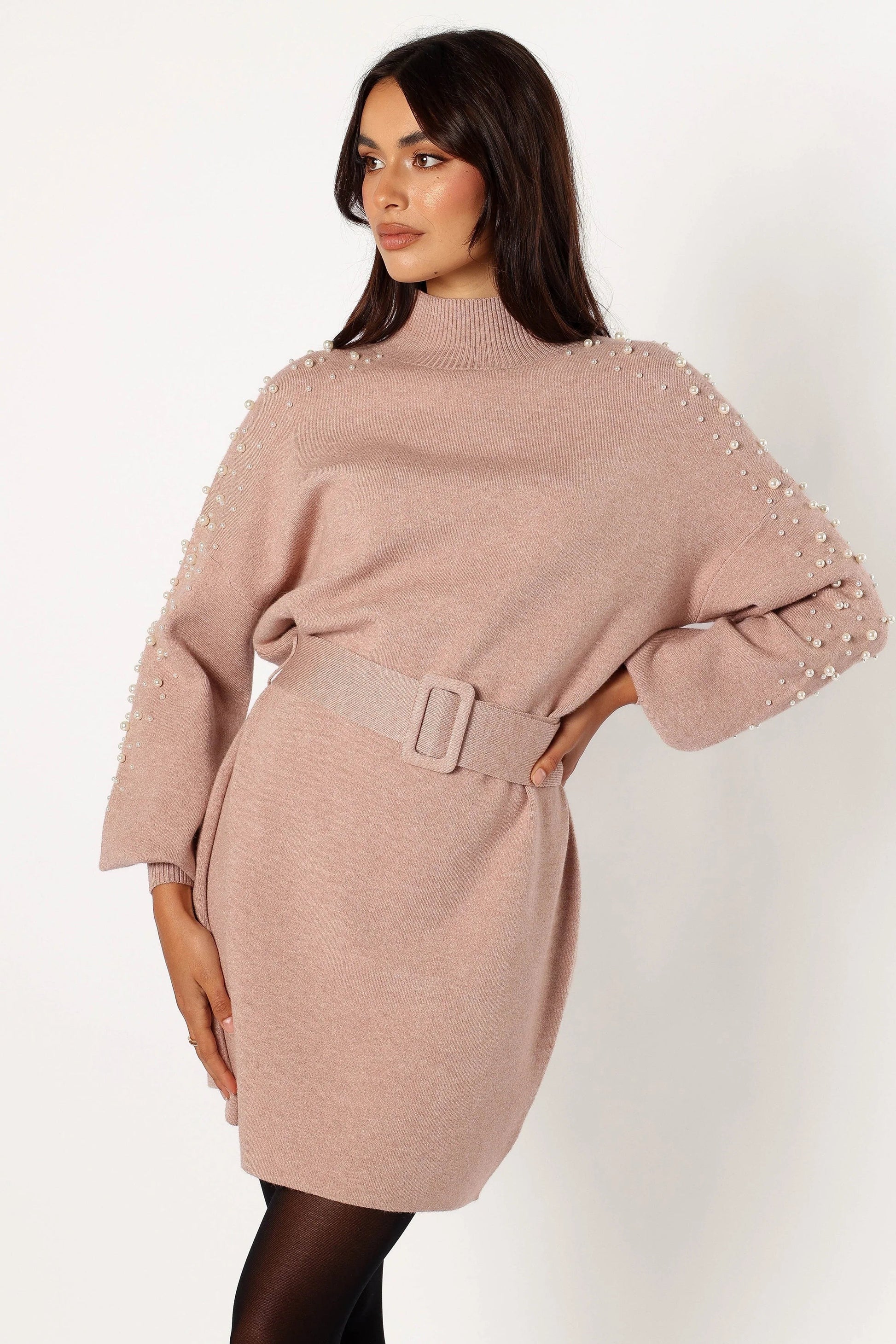Turtleneck Pearl-Belt Knit Mini Dress