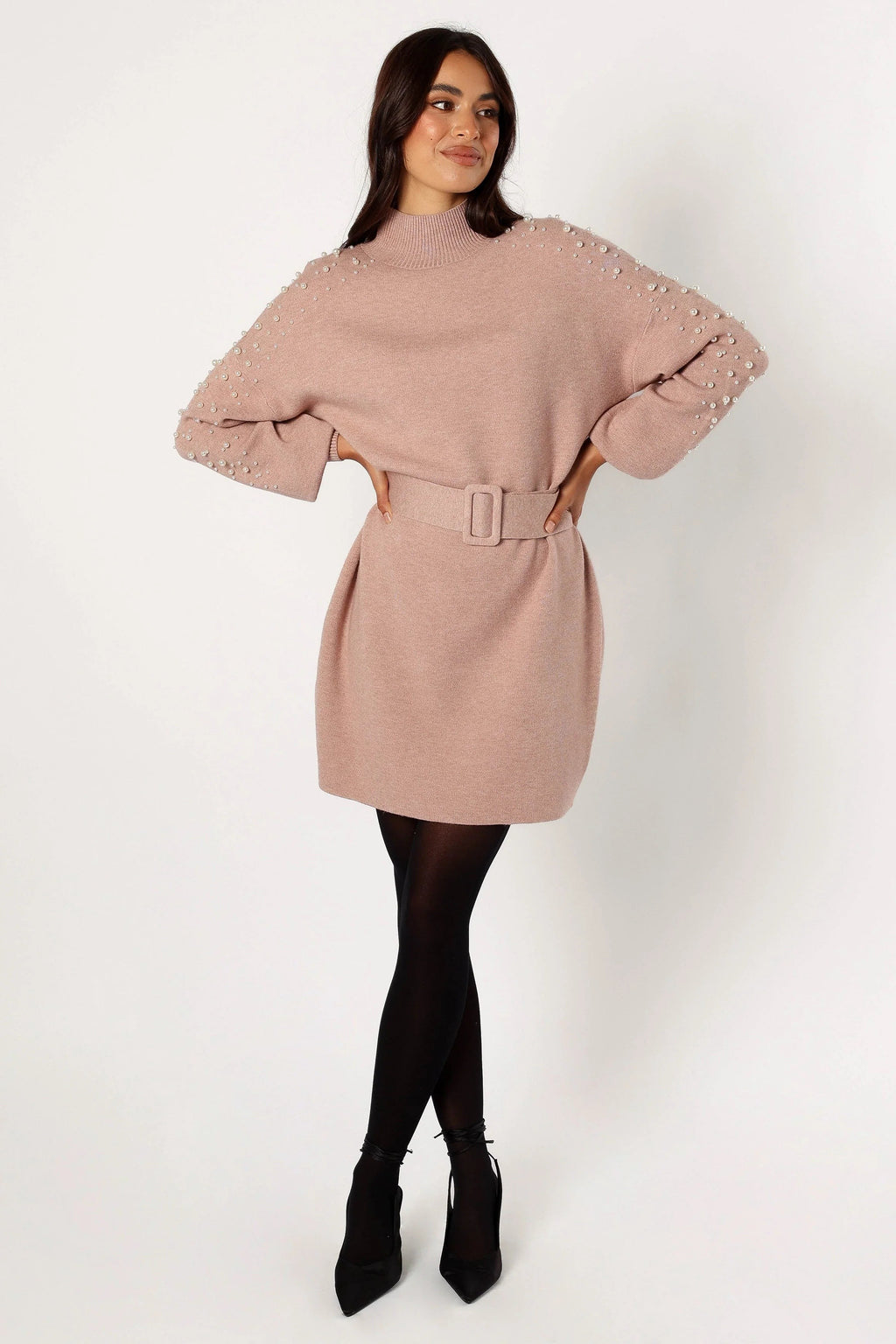 Turtleneck Pearl-Belt Knit Mini Dress