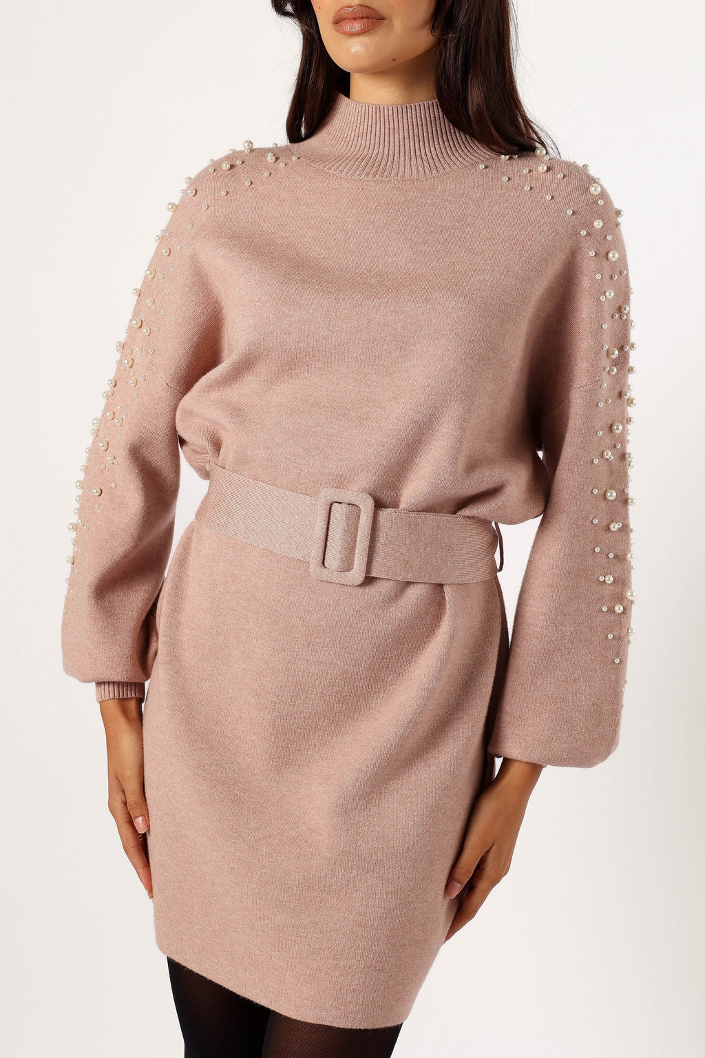 Turtleneck Pearl-Belt Knit Mini Dress