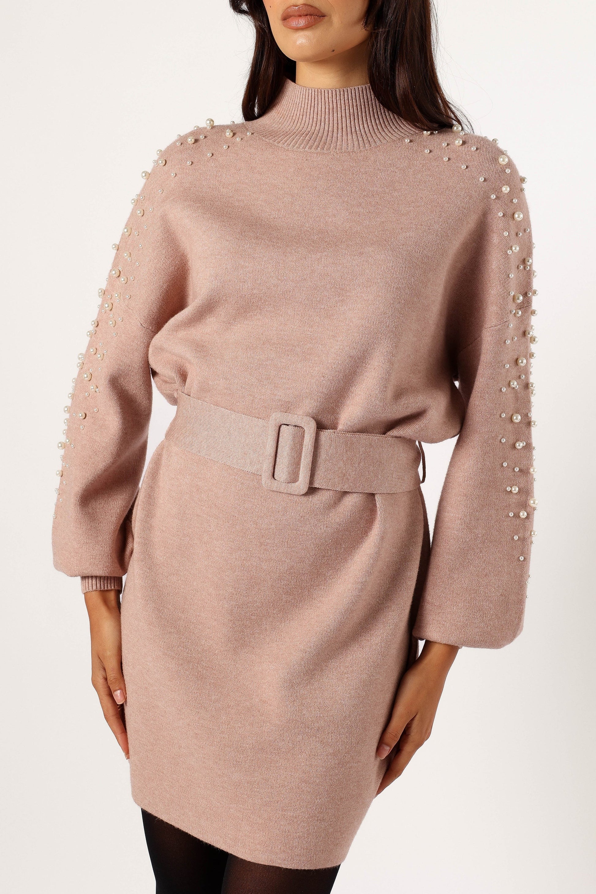 Turtleneck Pearl-Belt Knit Mini Dress
