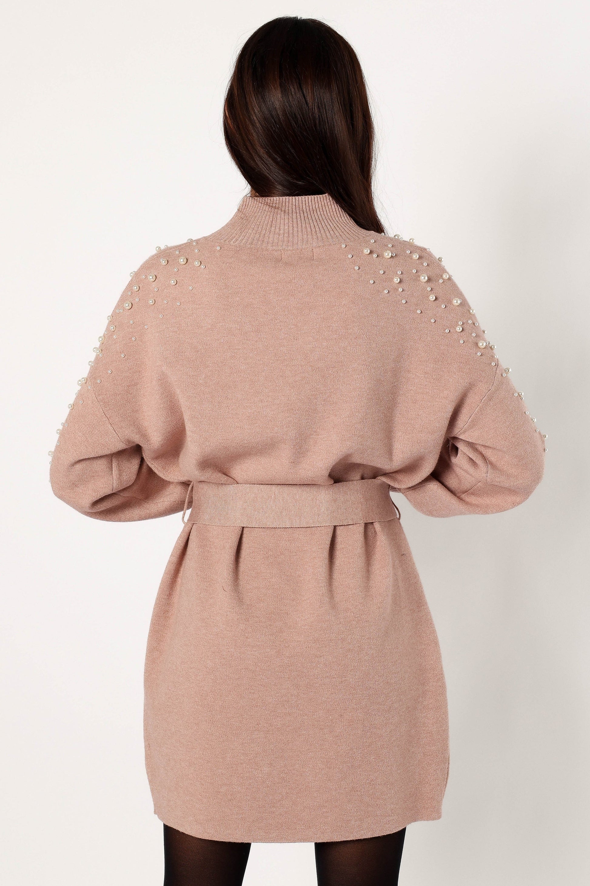 Turtleneck Pearl-Belt Knit Mini Dress